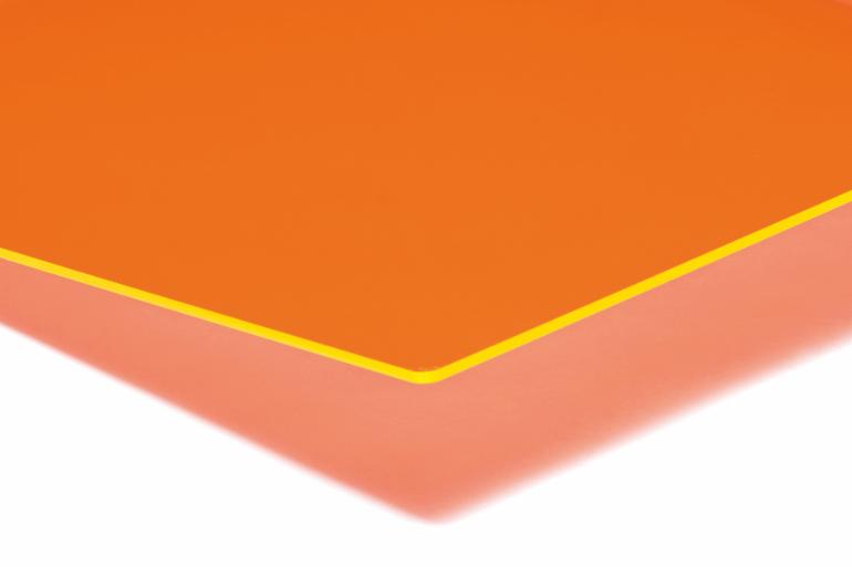 Gjuten akrylskiva, Lysande kant, Fluorescerande orange, 750mm x 1000mm x 3,0mm